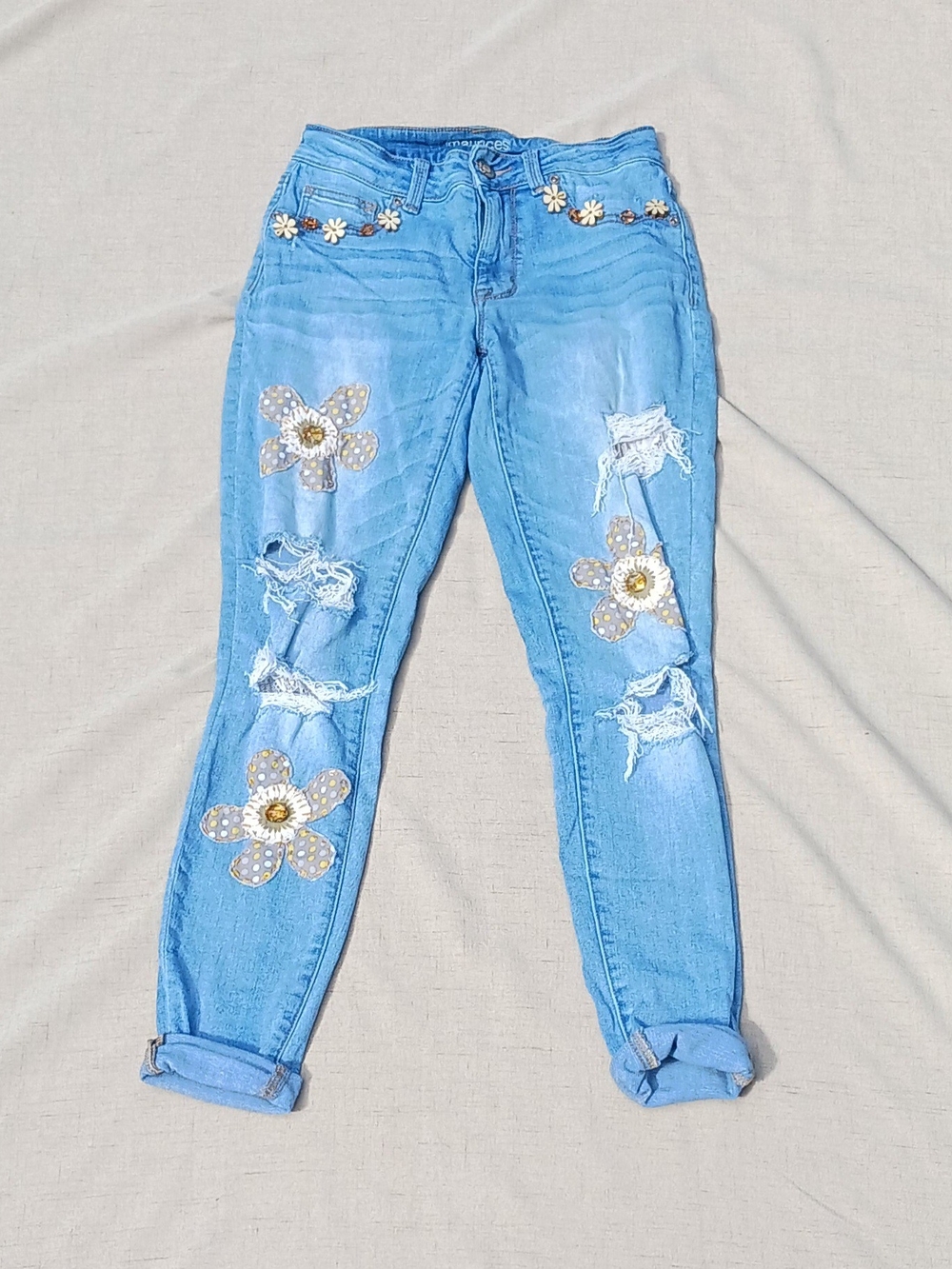 Blue Floral Embellished Women's Jeans